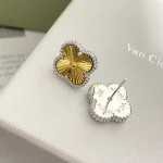 VCA Vintage Alhambra Guilloché Gold tone Stud Earrings-Gold Plated,Silver Tone Bead Border - Image 4
