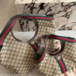 Gucci Giglio Canvas Tote Bag with Web Stripe & Leather Trim