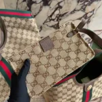 Gucci Giglio Canvas Tote Bag with Web Stripe & Leather Trim - Image 6